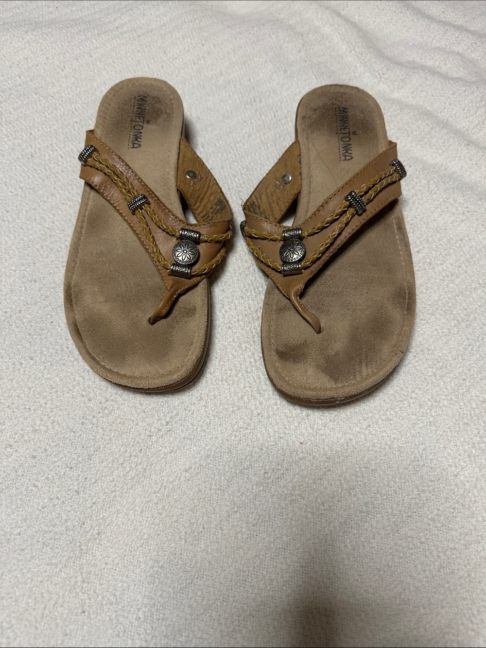 Minnetonka Tan Braided Leather Thong Sandals